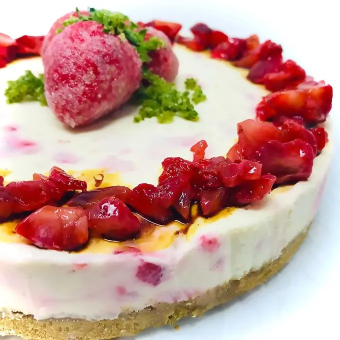 Strawberry & White Chocolate Frozen Cheesecake with Basil Sugar Recipe