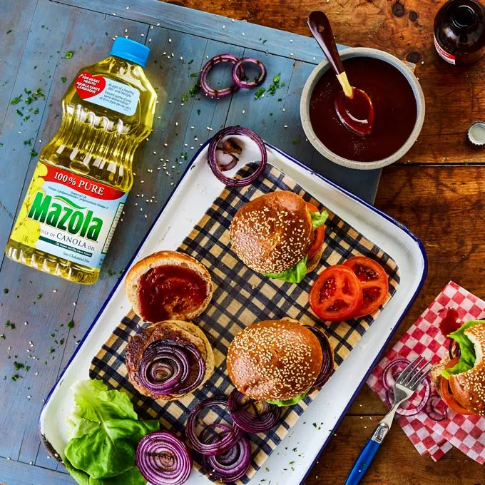 Grilled Turkey Burgers with Caramelized Onions Courtesy of Mazola