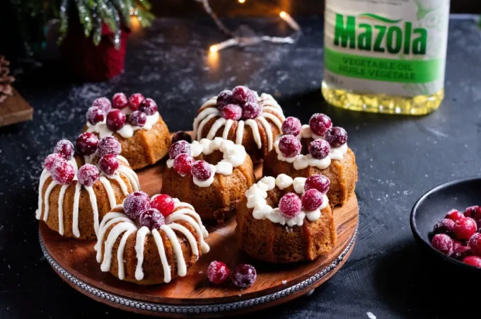 Mini Spiced Bundt Cakes with Cream Cheese Icing and Sugared Cranberries