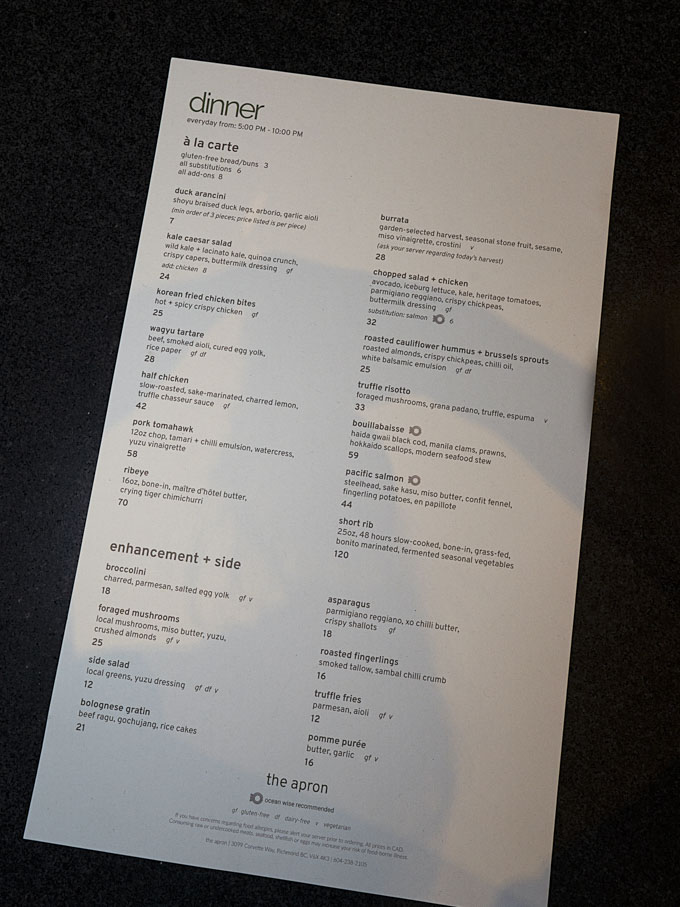 New Seasonal Menu at The Apron, The Westin Wall Centre Vancouver Airport